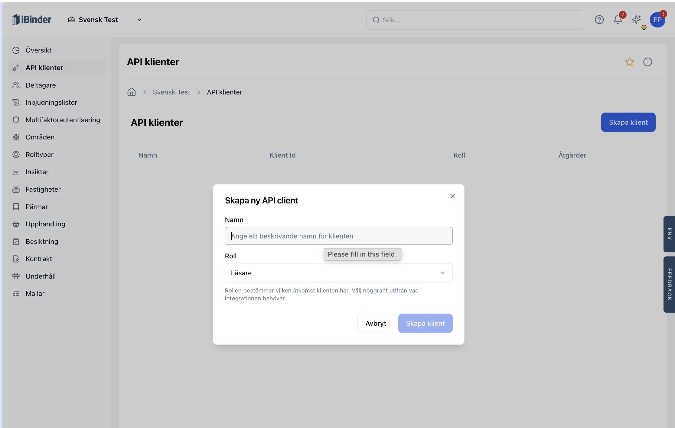 Create API client dialog